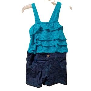 Chillipop Toddler Girls Aqua Blue Sleeveless  Lace Denim Romper Size 4T